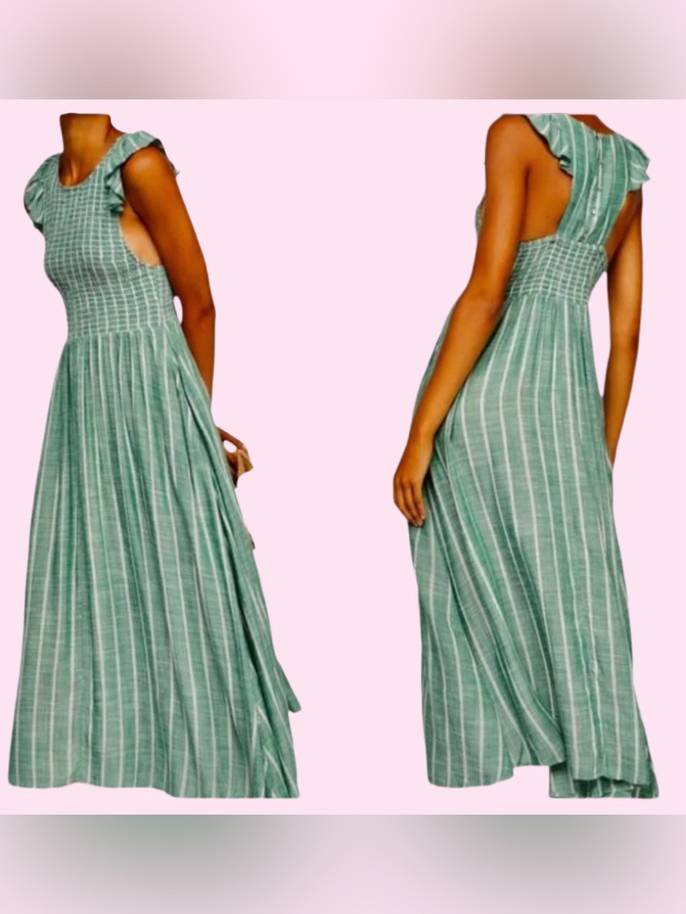 Free People XS Green Striped Maxi Dress Boho Flutter Sleeve - Picture 2 of 7